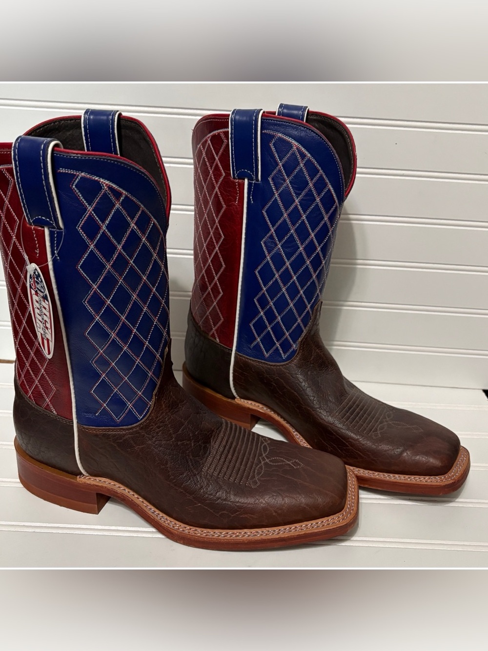 JUSTIN Bent Rail BR400 Blue Red Square Toe Cowboy Boots Mens Size 10 D NEW